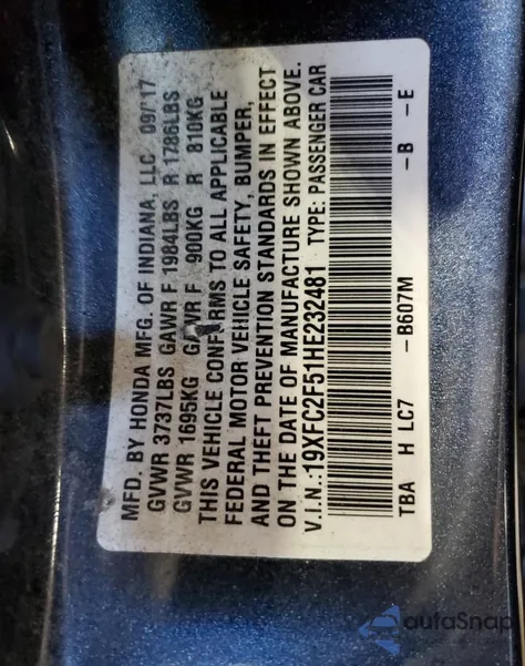 2017 Honda Civic Lx z USA, uszkodzony, nr VIN 19XFC2F51HE232481